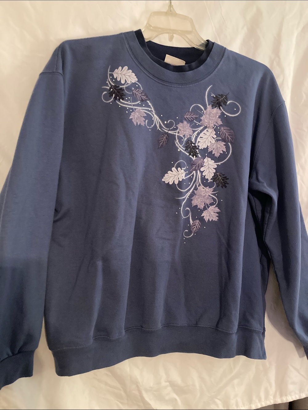 Top stitch by morning sun Women's Blue Crewneck Sweater with Floral Vine Detail